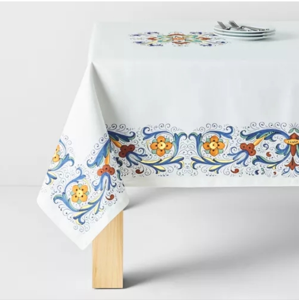 Sur La Table Deruta-Style Tablecloth, Retail Price $179.95 USD,Size 108"L x 67"W
